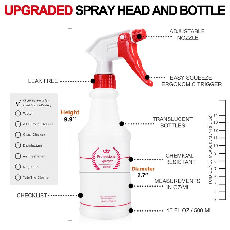 Uineko Plastic Spray Bottle (4 Pack, 16 Oz, All-Purpose) Heavy Duty Spraying Bottles Leak Proof Mist Empty Water Bottle for Cleaning Solution Planting Pet with Adjustable Nozzle and Measurements - Image 5